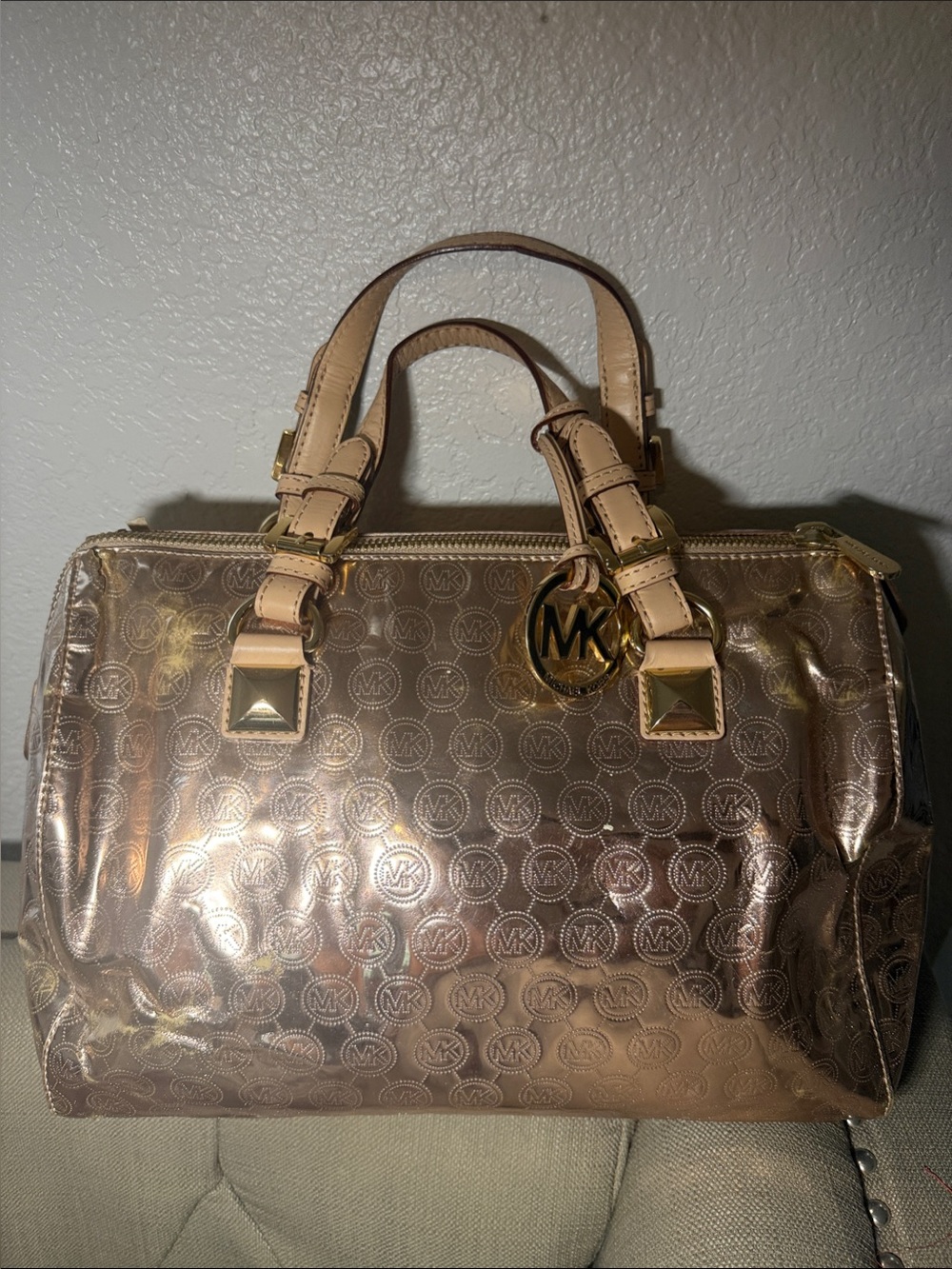 Michael Kors Metallic Rose Gold Monogram Satchel